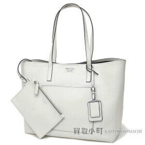 PRADA City Calf Tote Bag Metal Logo White Leather Shoulder Handbag Bianco Nero